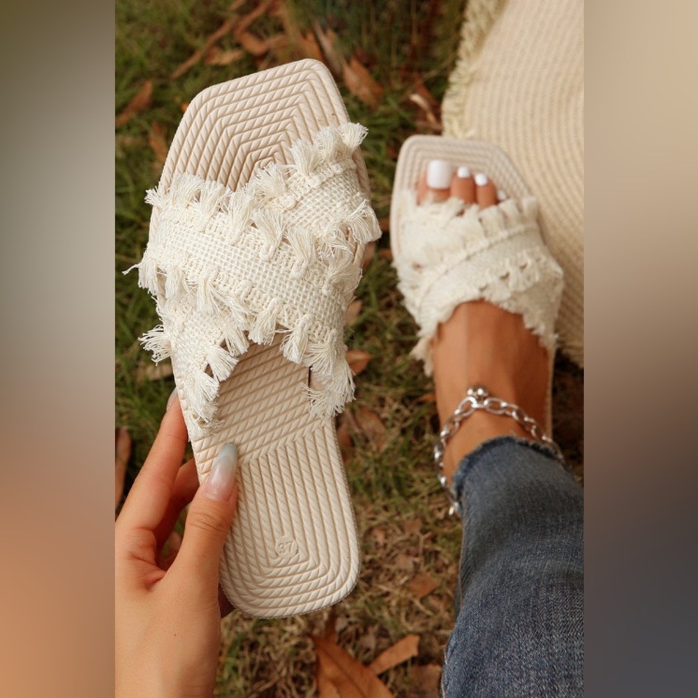 Beige Tassel Woven Crossed Straps Flat Sandals NWT